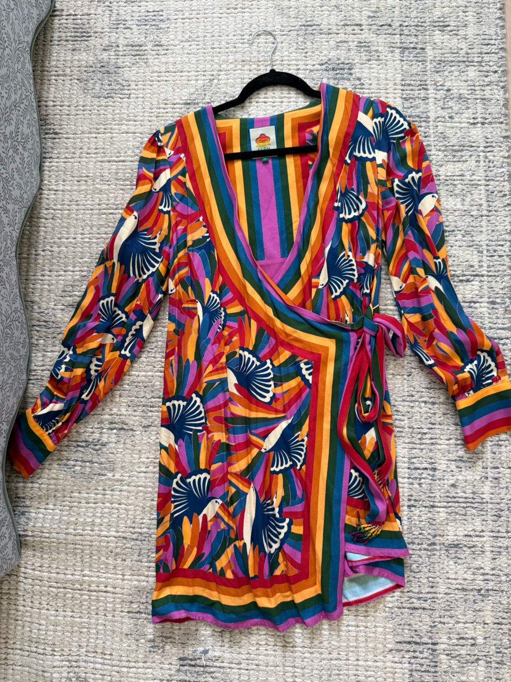 Farm Rio Vibrant Multicolor Bird Print Wrap Dress